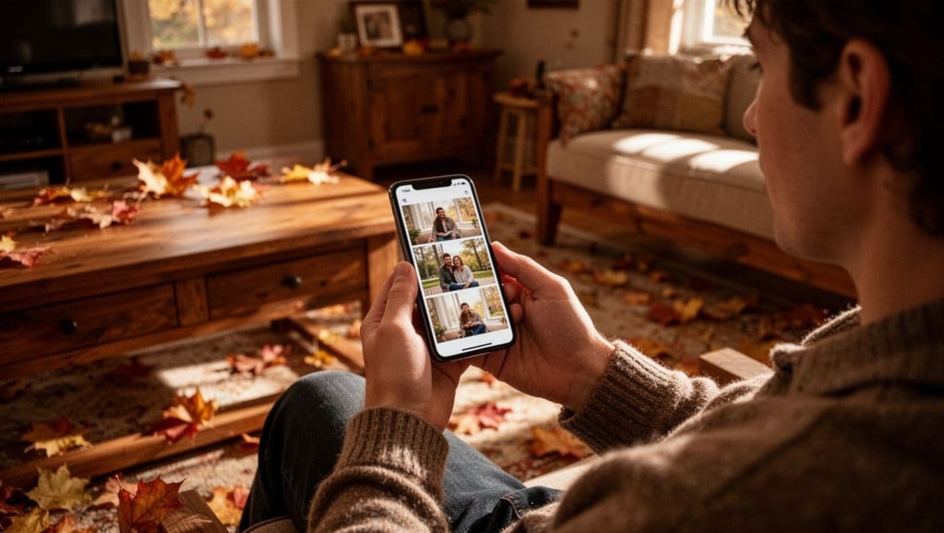 Person browsing photos on a smartphone in a cozy autumn setting.