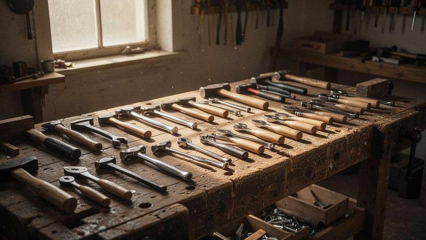 An organized workbench with tools arranged in warm, dramatic light.