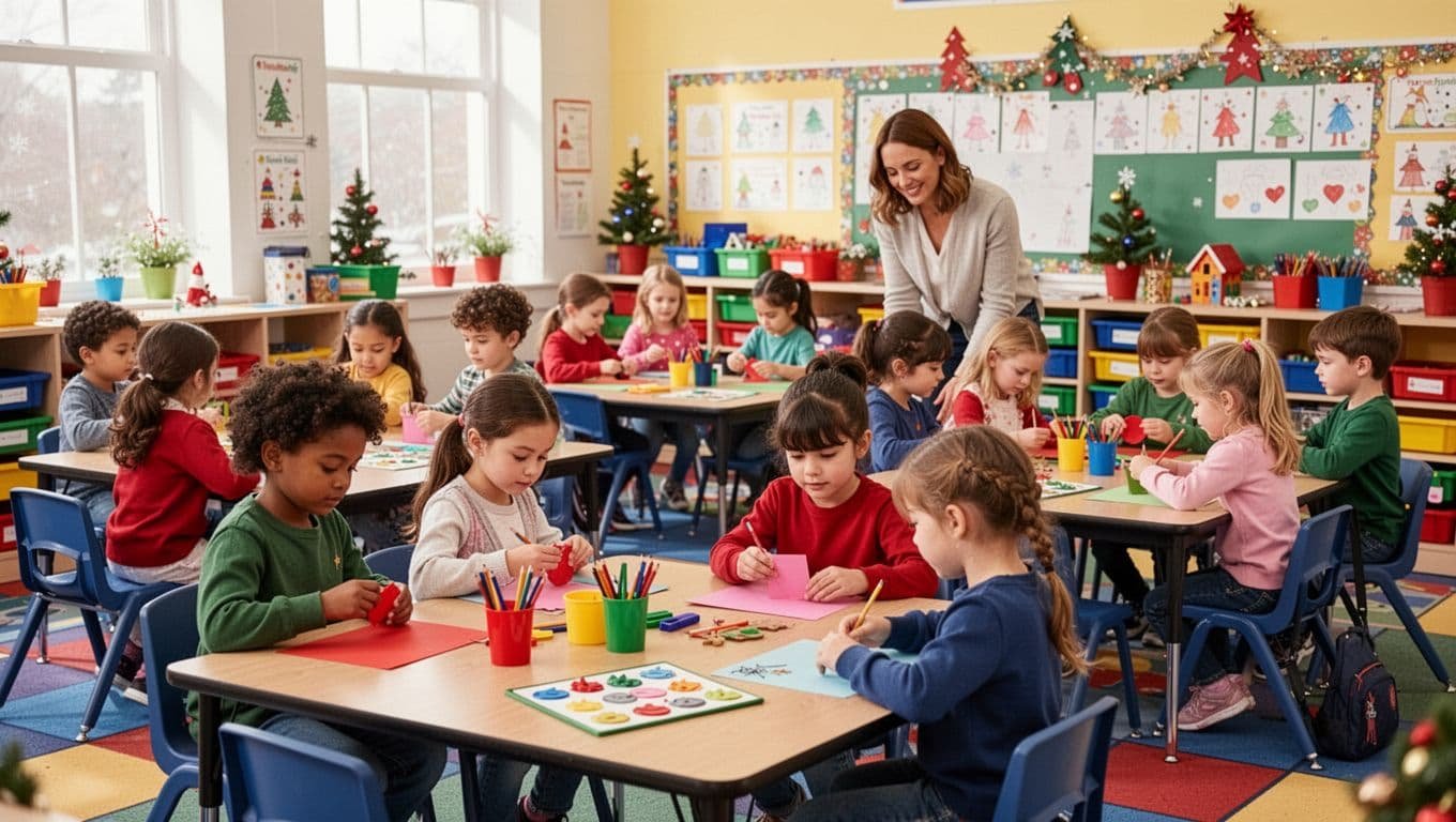 Children enjoy craft and game stations while one adult supervises in a bright classroom.