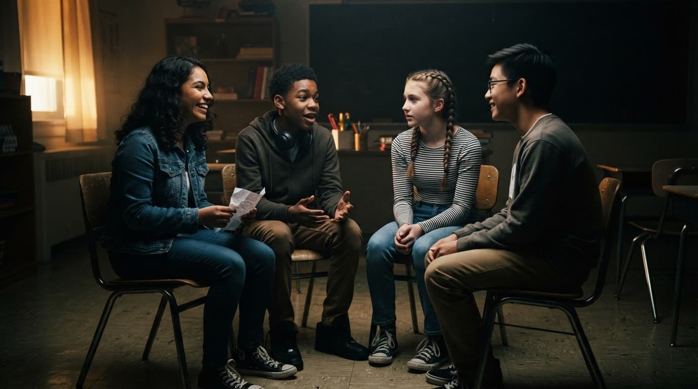 Four teens sit in a classroom circle during an icebreaker activity.