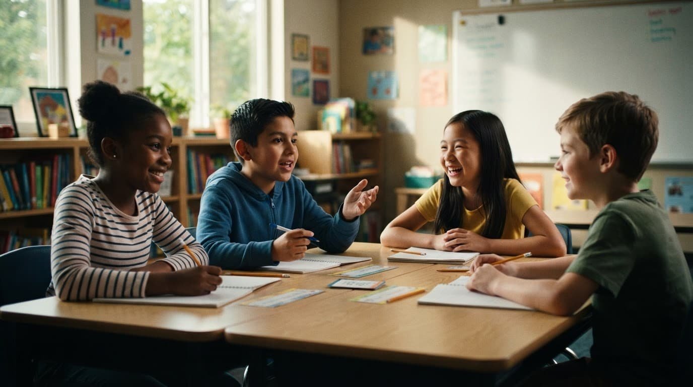 Four children enjoy an icebreaker activity at desks in a bright classroom.