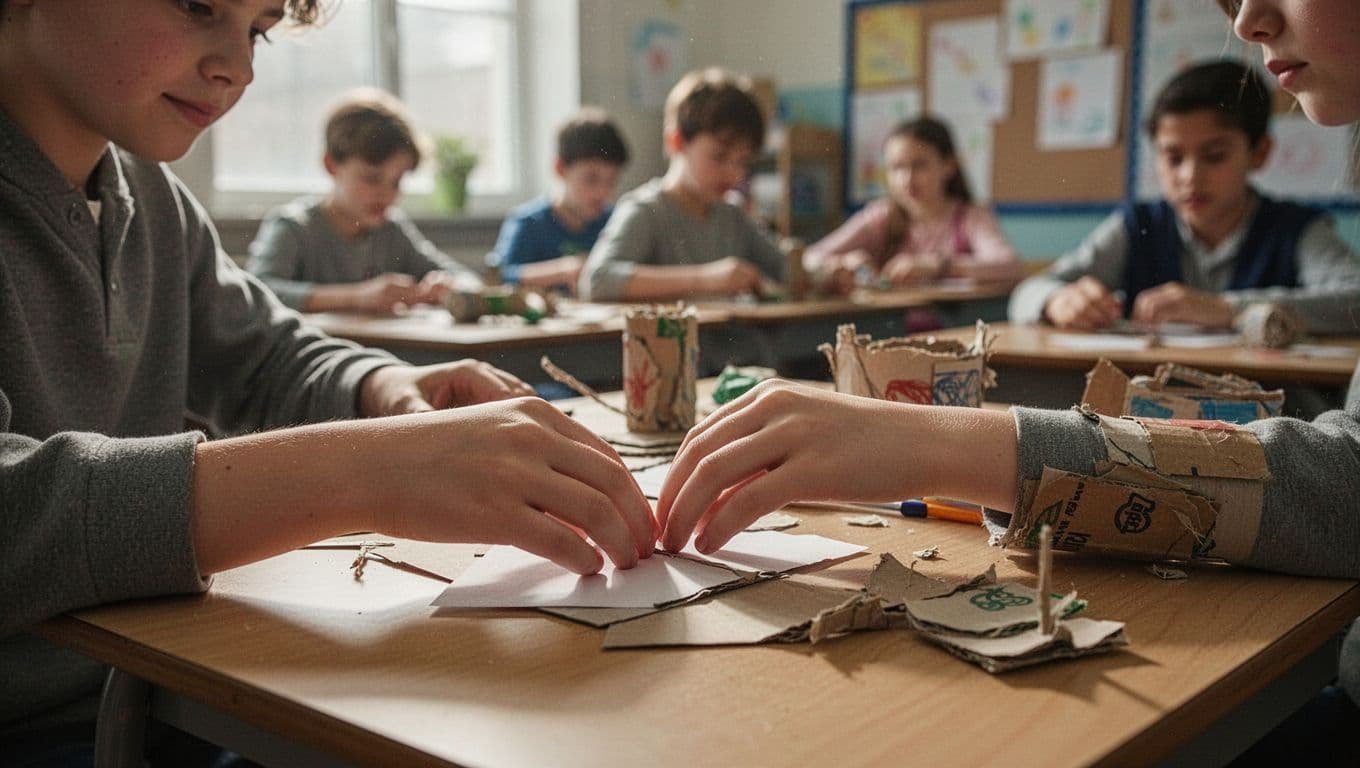 A student builds a craft with paper and recycled materials at a classroom table.