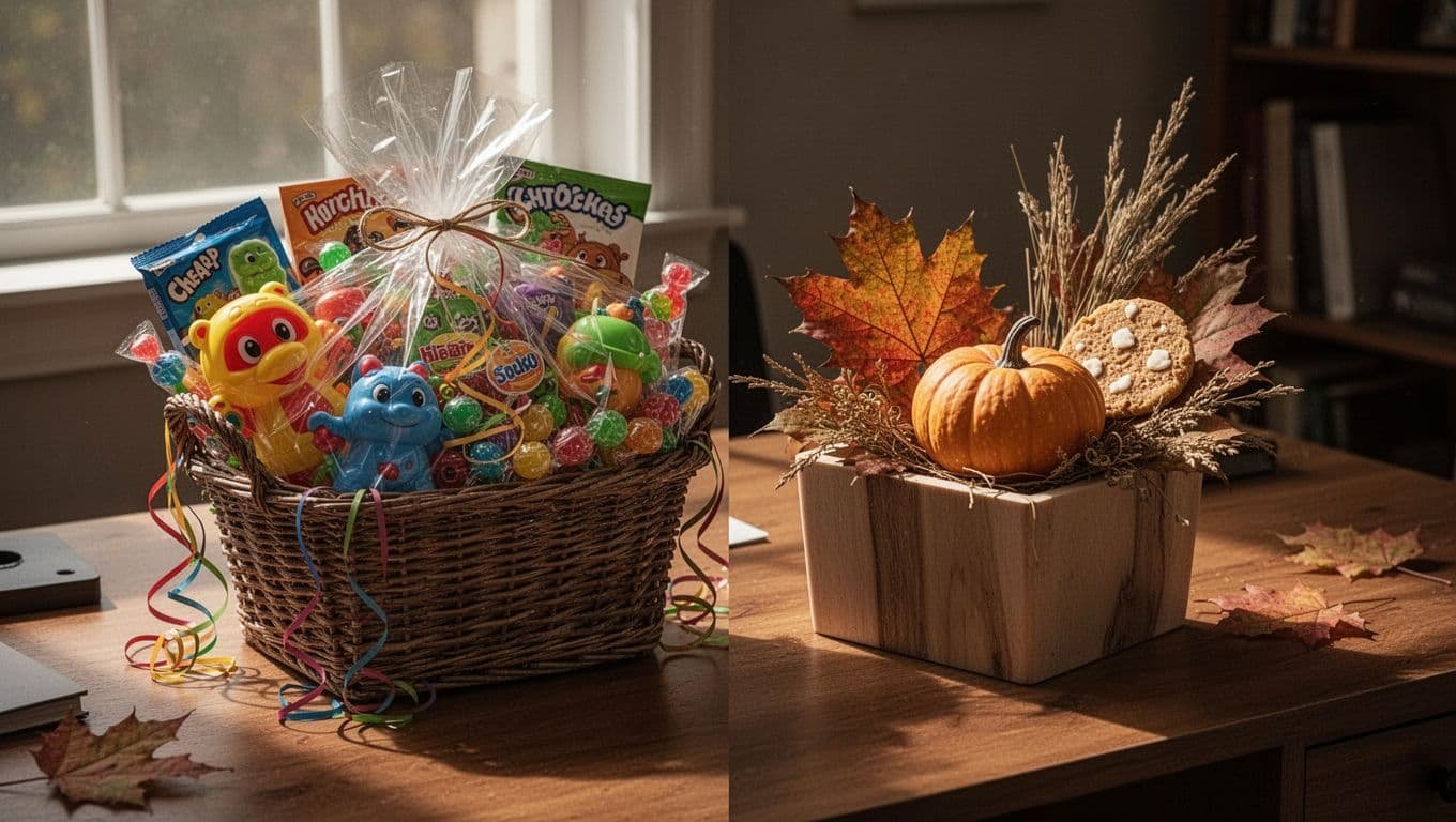 A cluttered toy basket beside a simple autumn boo basket on a wooden desk.
