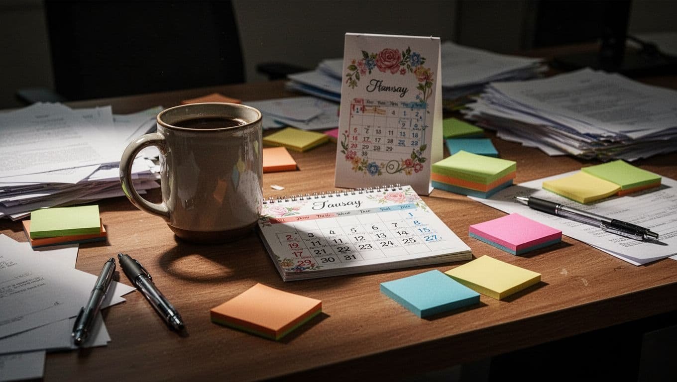 A messy desk with coffee, sticky notes, and a September calendar.