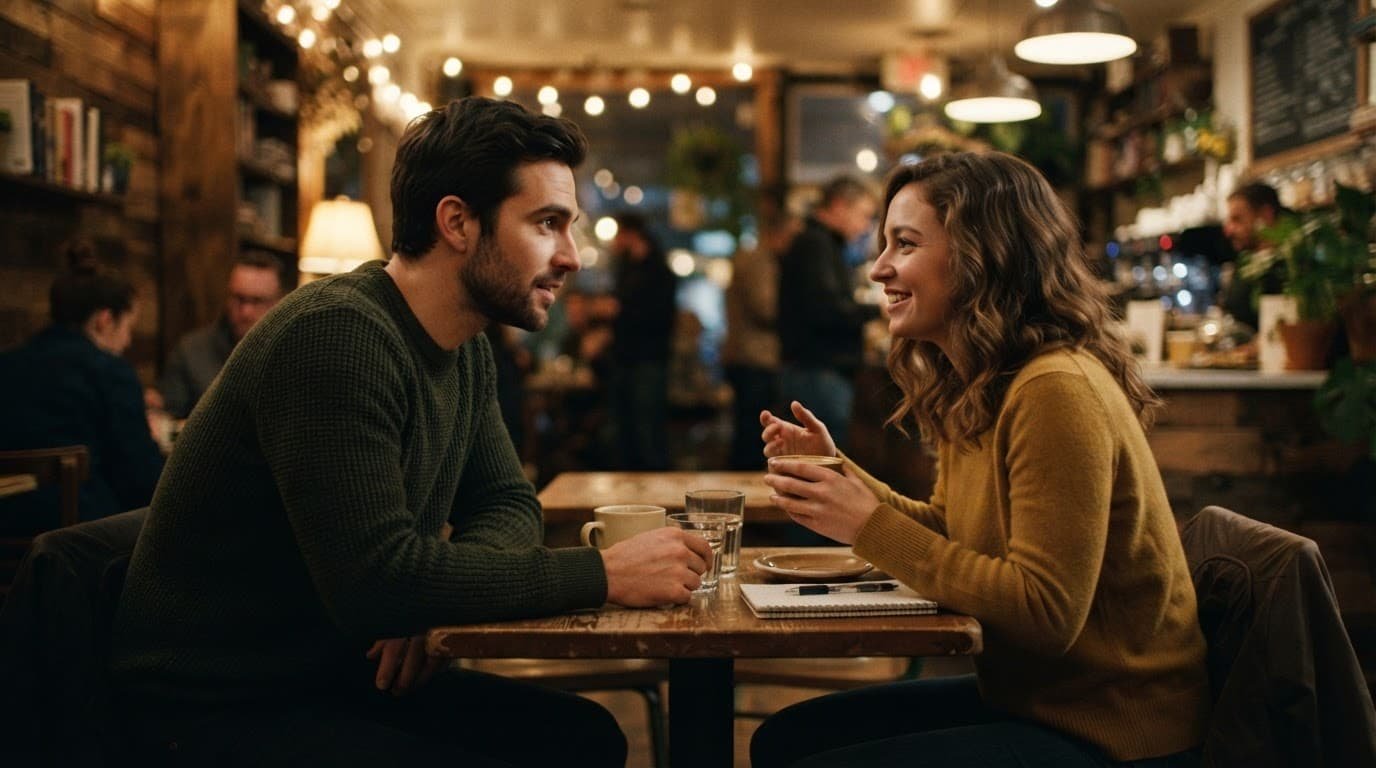A man listens attentively to a woman across a table in a cozy coffee shop.