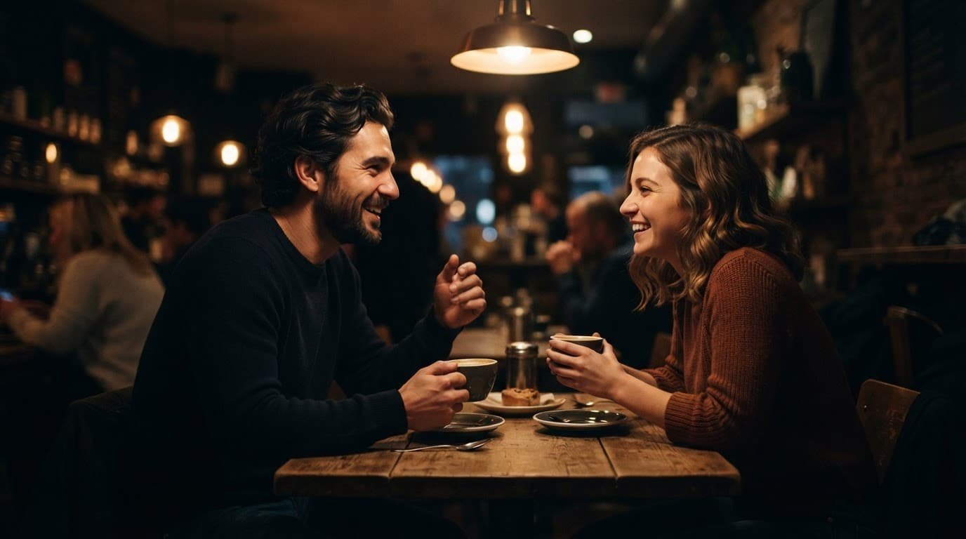 A man and woman share a relaxed conversation at a coffee shop table.
