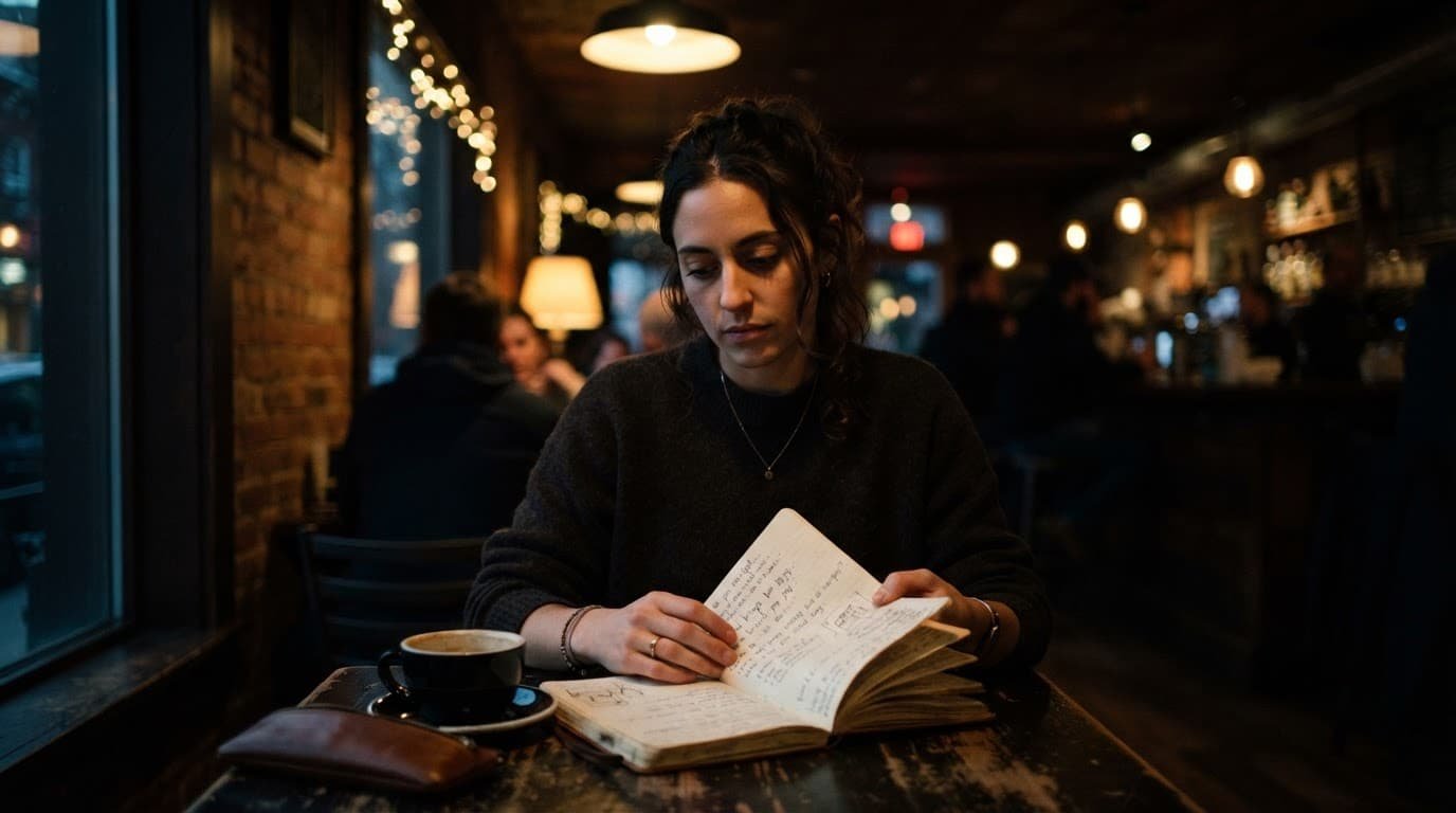 A person reads questions in a notebook at a coffee shop desk.