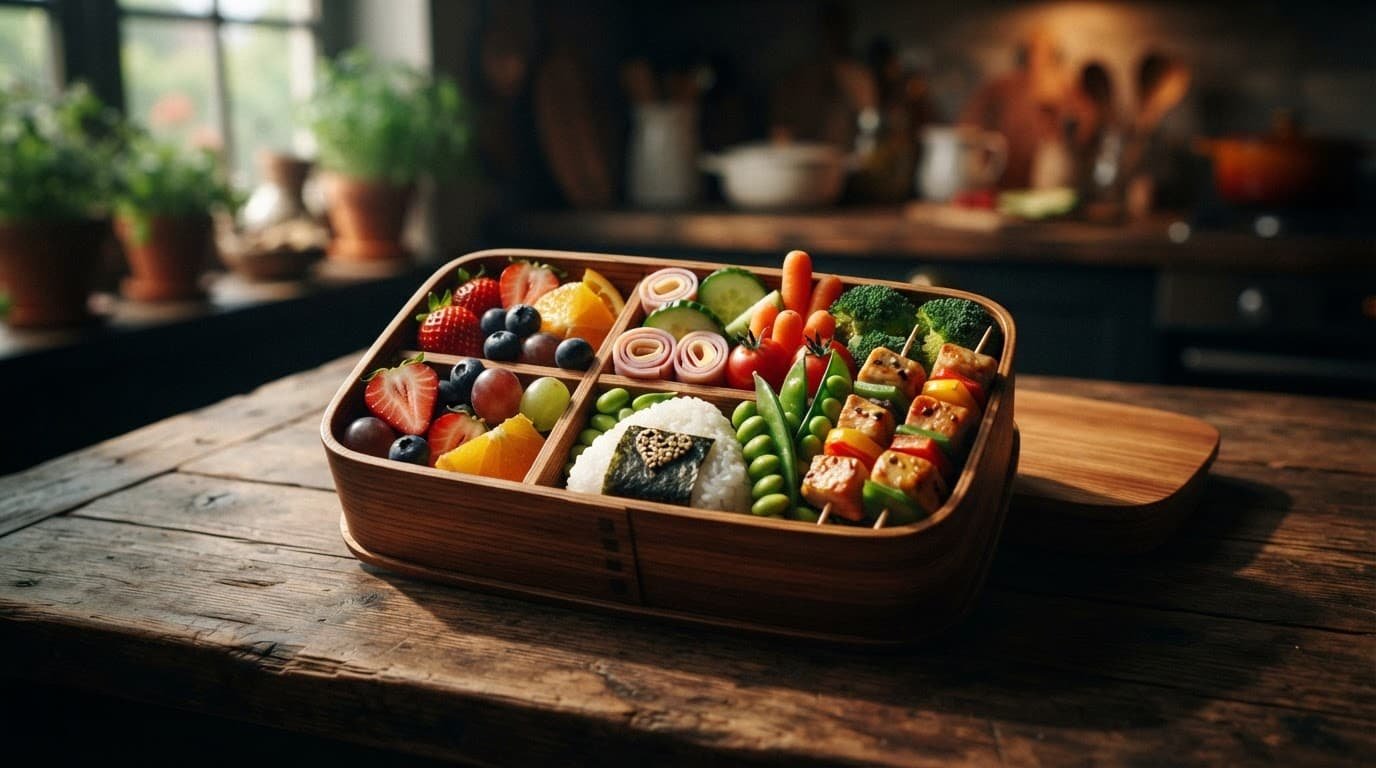 A colorful bento box holds fruit, vegetables, and finger foods on a wooden table.