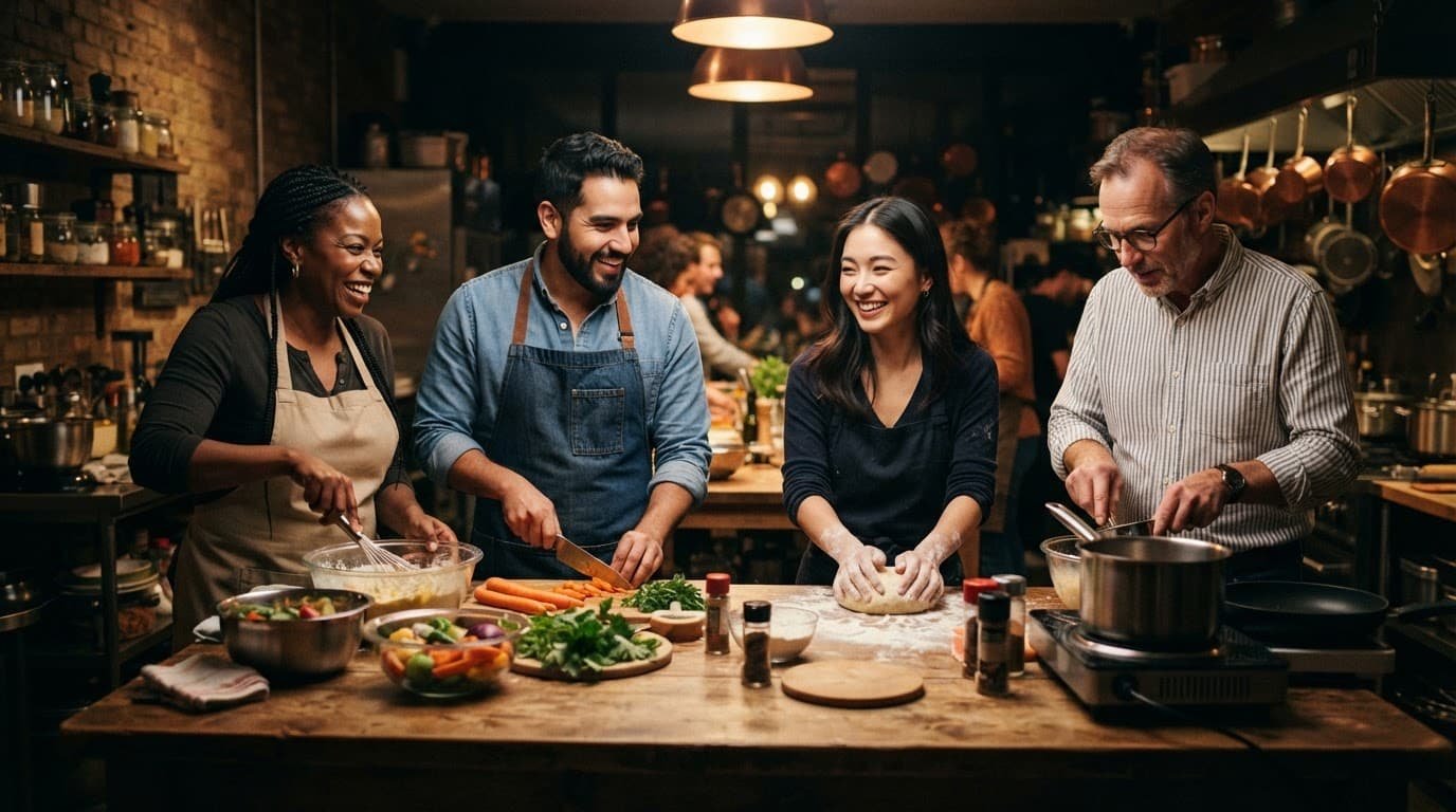 Four adults cook together at long wooden tables in a bright kitchen.