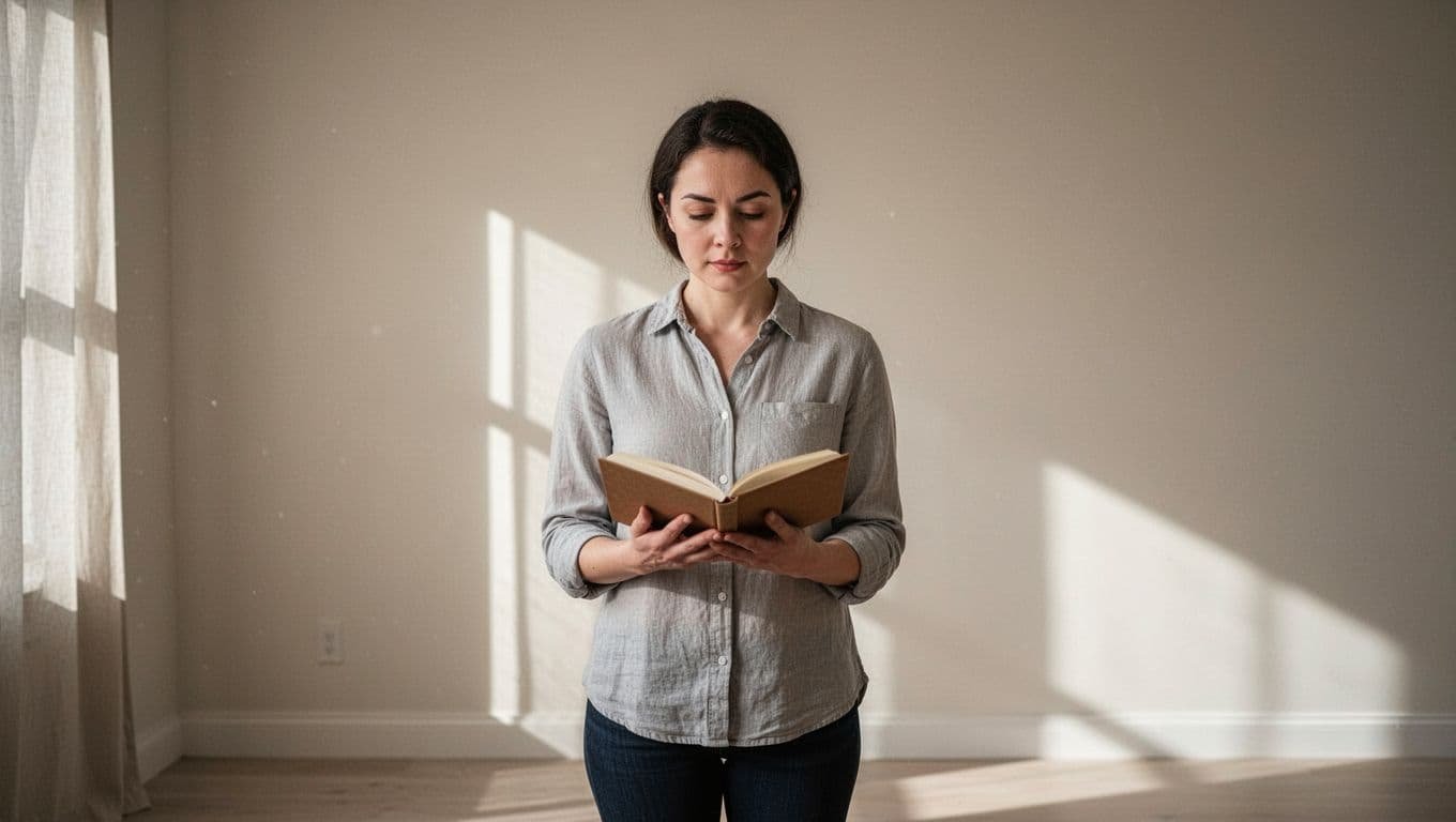 A confident person holds a notebook while standing in a bright neutral room.