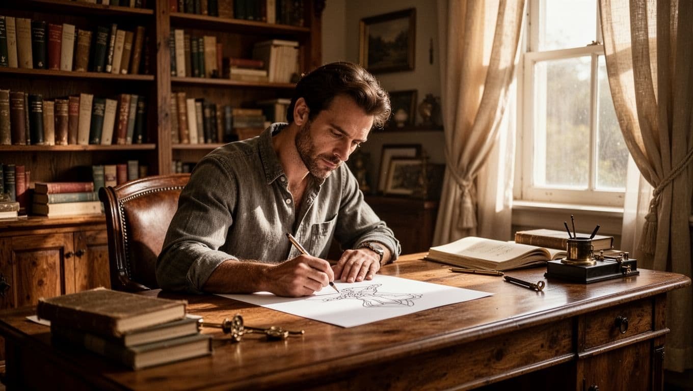 A confident man works on a creative project at a desk in a warmly lit study.