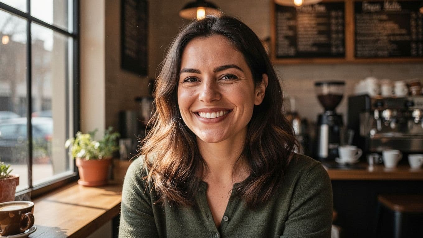 A smiling woman looks confidently at the camera in a softly lit coffee shop.