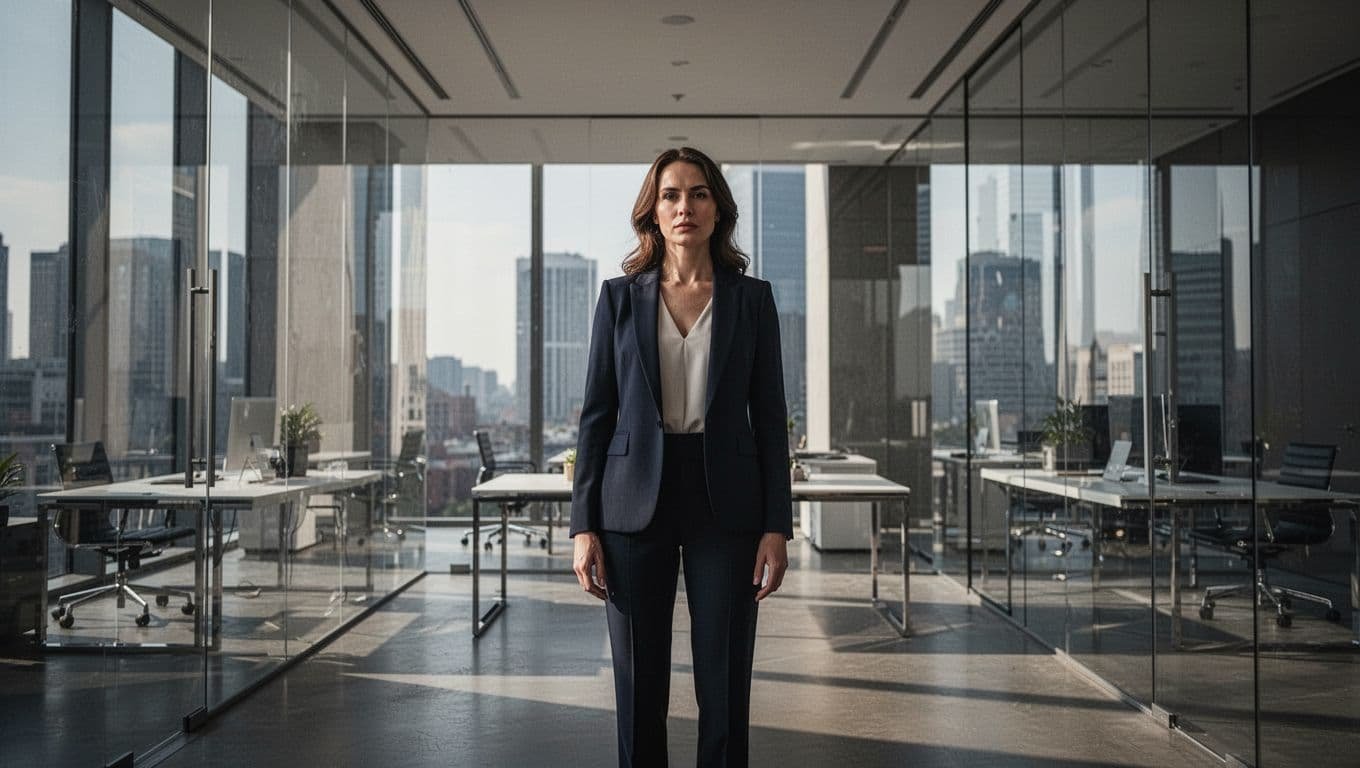 A confident woman standing alone in a bright modern office.