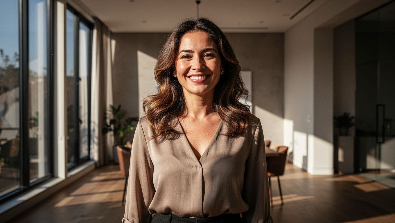 Smiling woman standing in a bright modern room with dramatic lighting.