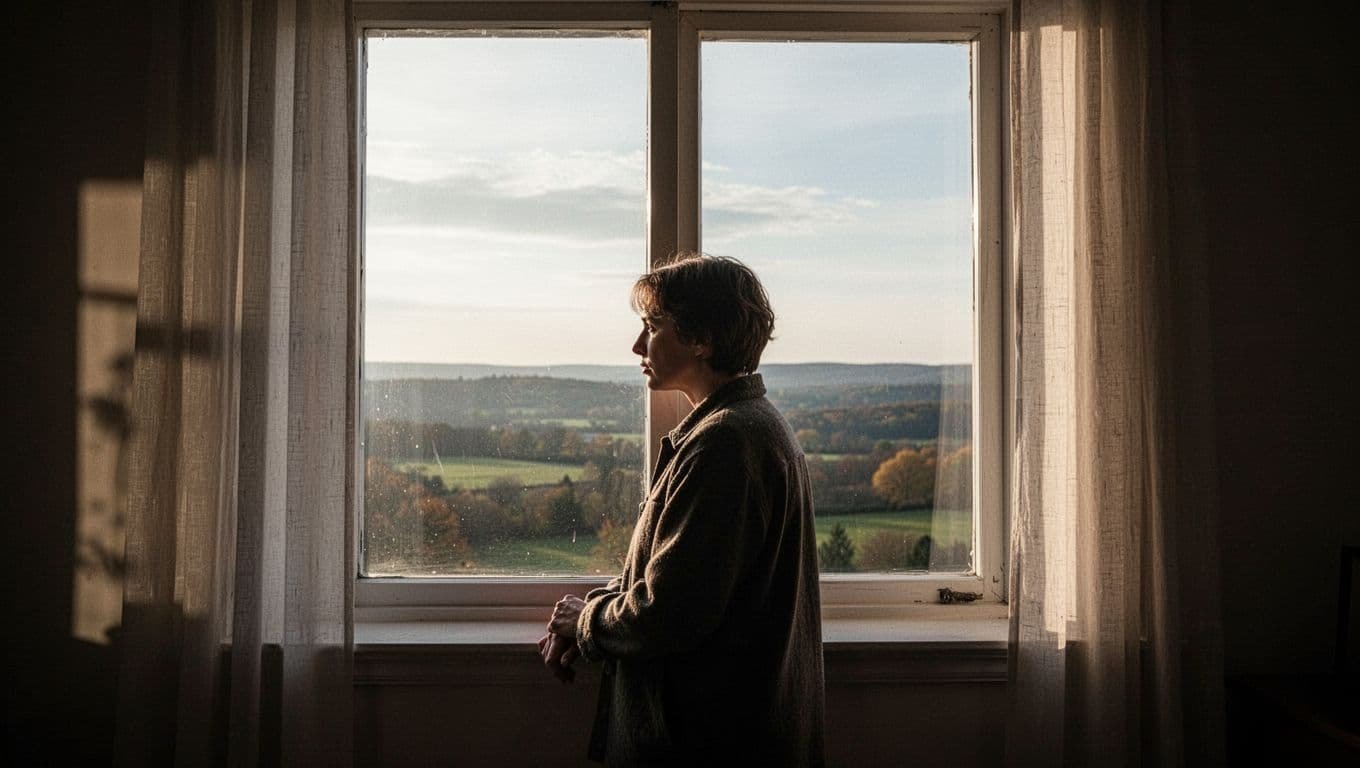 A person gazes through a window in soft afternoon light.