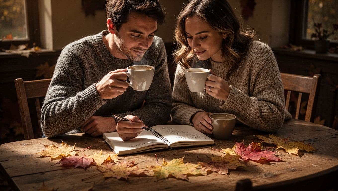 A couple plans a date with coffee, notebooks, and autumn leaves at a wooden table.
