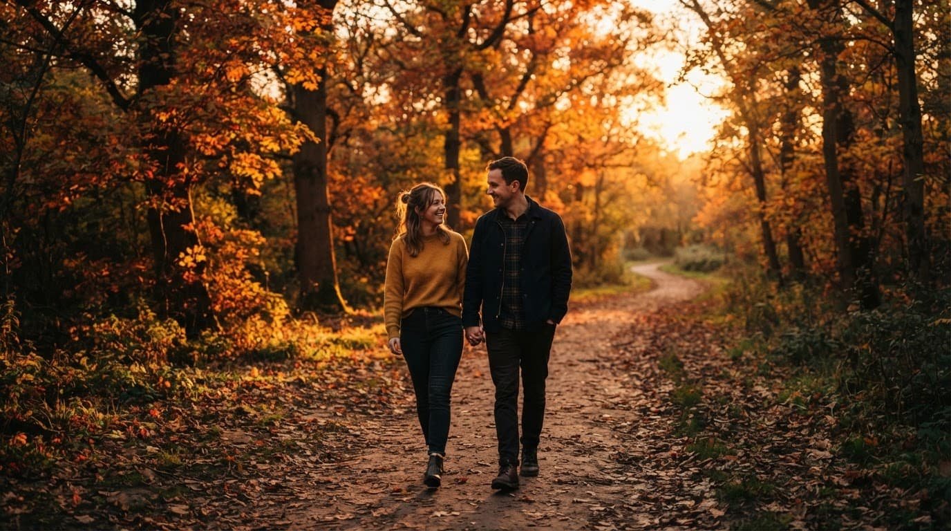 A couple walks together on a tree-lined park path in warm autumn light.