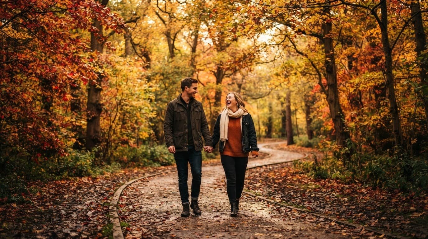A couple walks together along a colorful autumn park path.