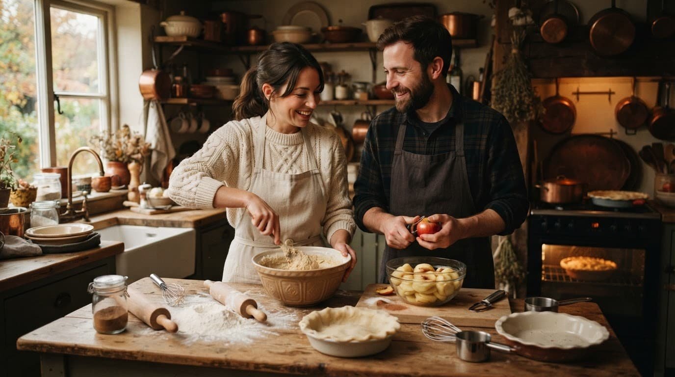 A couple baking apple pie together in a warmly lit rustic kitchen.