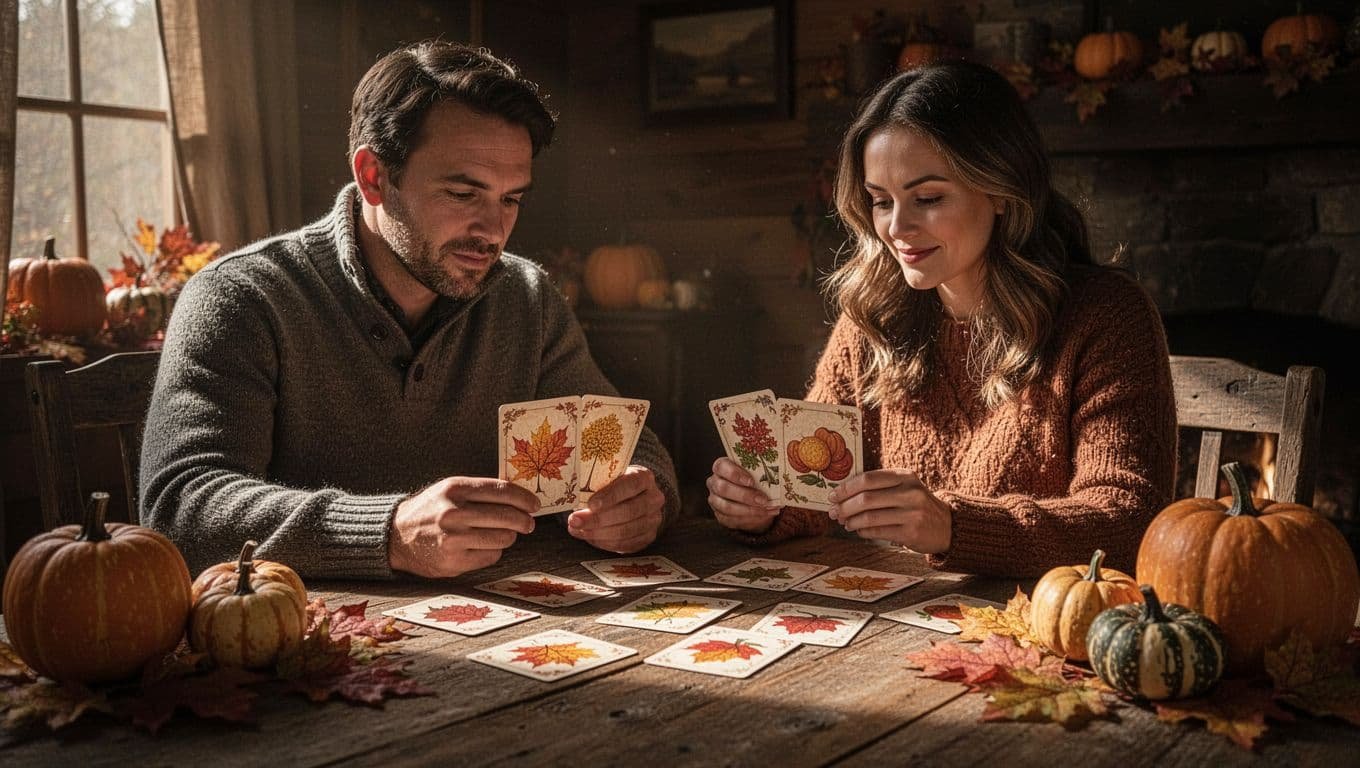 A couple compares greeting cards beside pumpkins and autumn decorations.