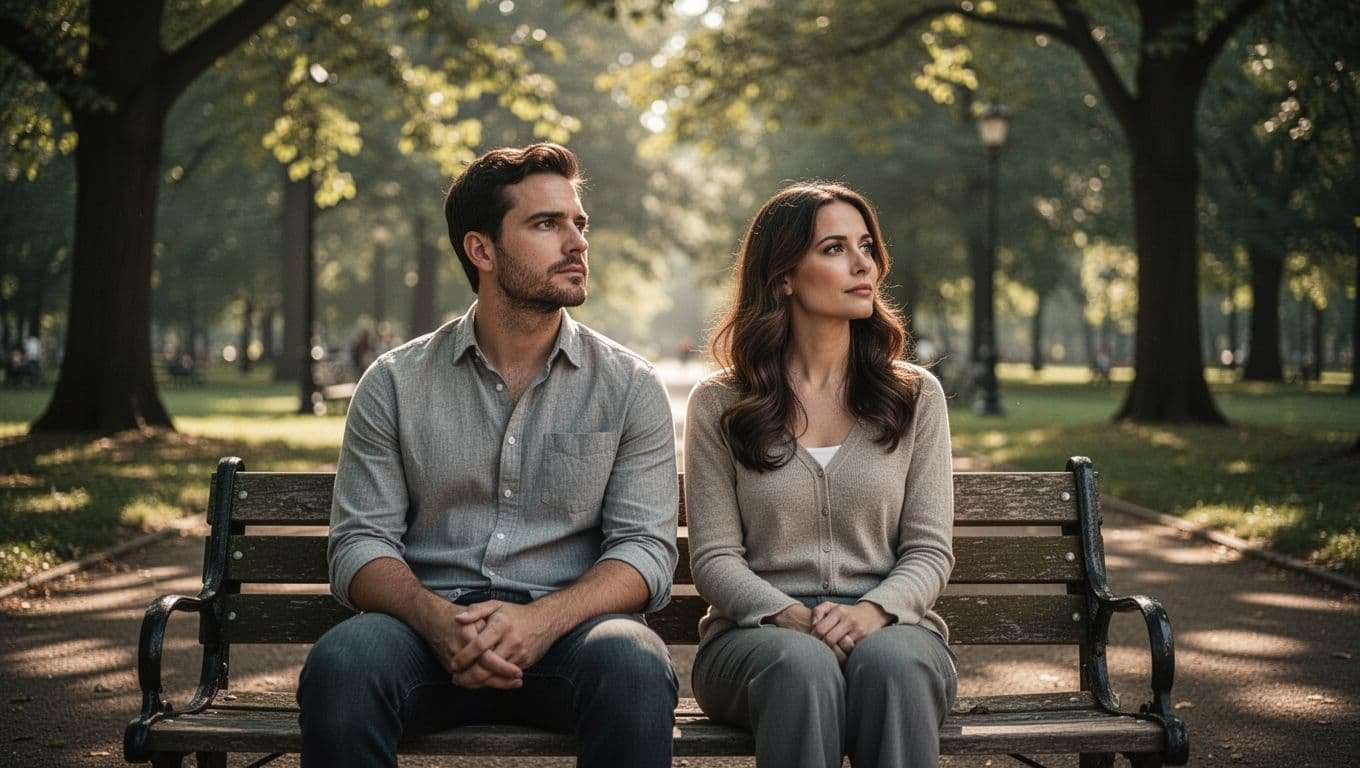 A couple sits together outdoors, sharing a thoughtful moment in natural light.