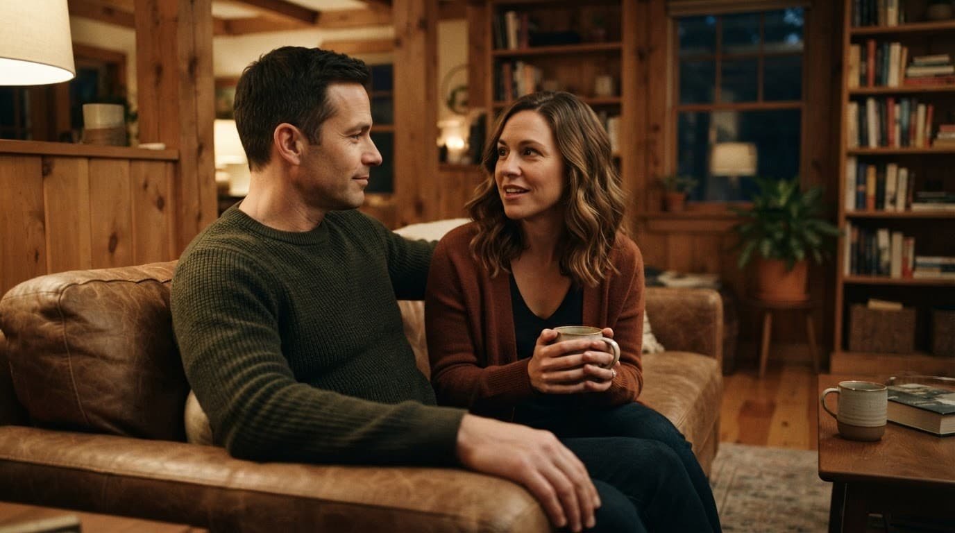 A man and woman having a calm conversation on a sofa in warm light.