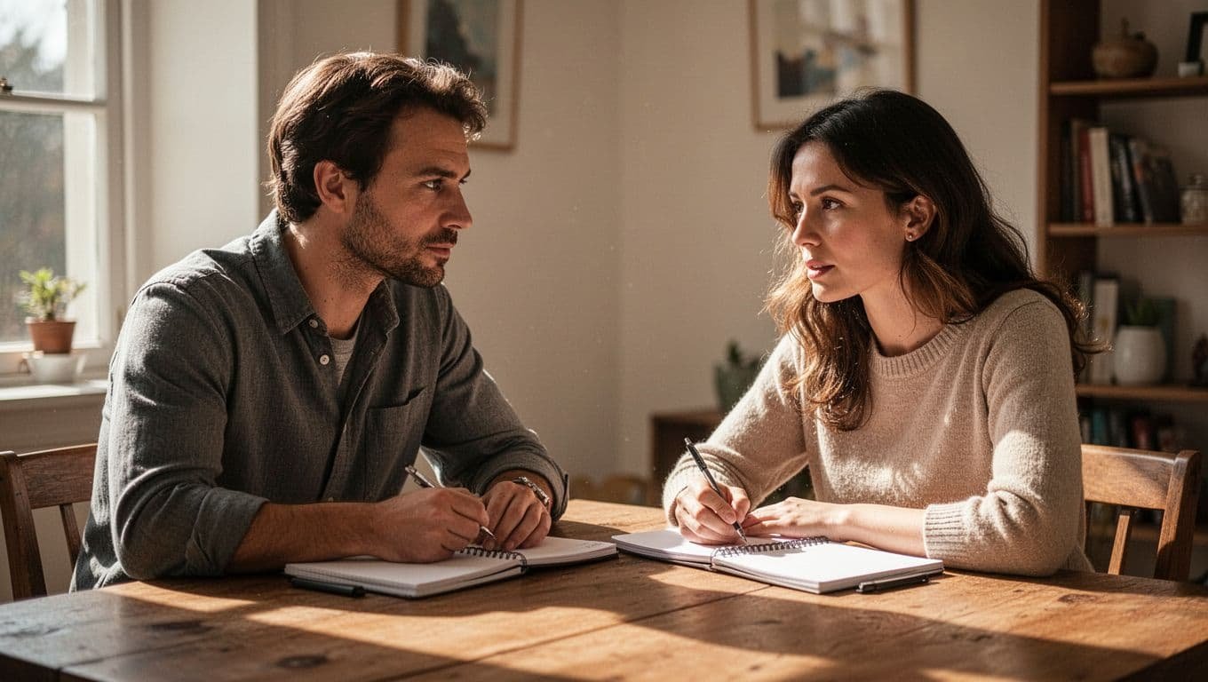 A man and woman calmly talking across a wooden table with notebooks.