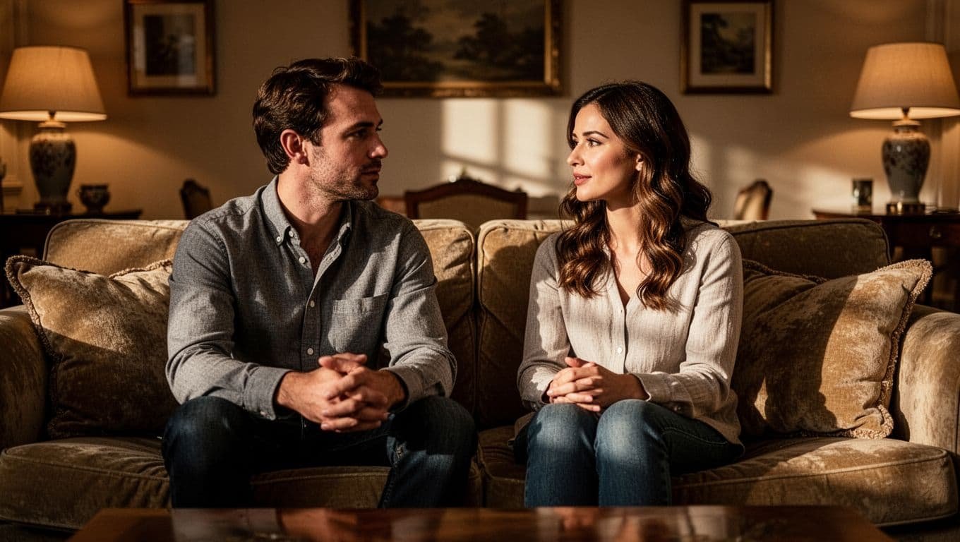 A man and woman calmly talking together on a cozy sofa.