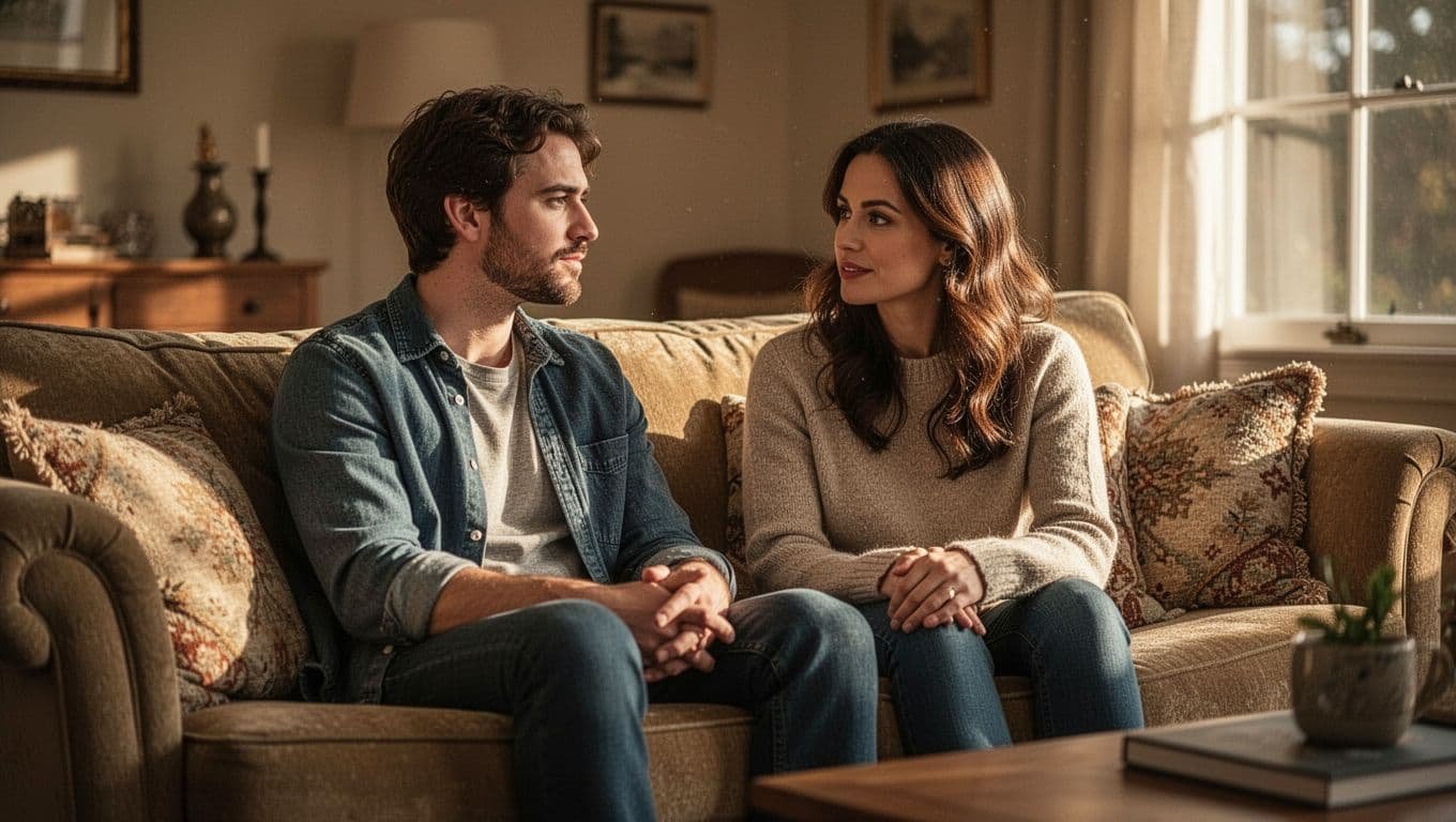 A couple talks closely on a sofa in a warmly lit living room.