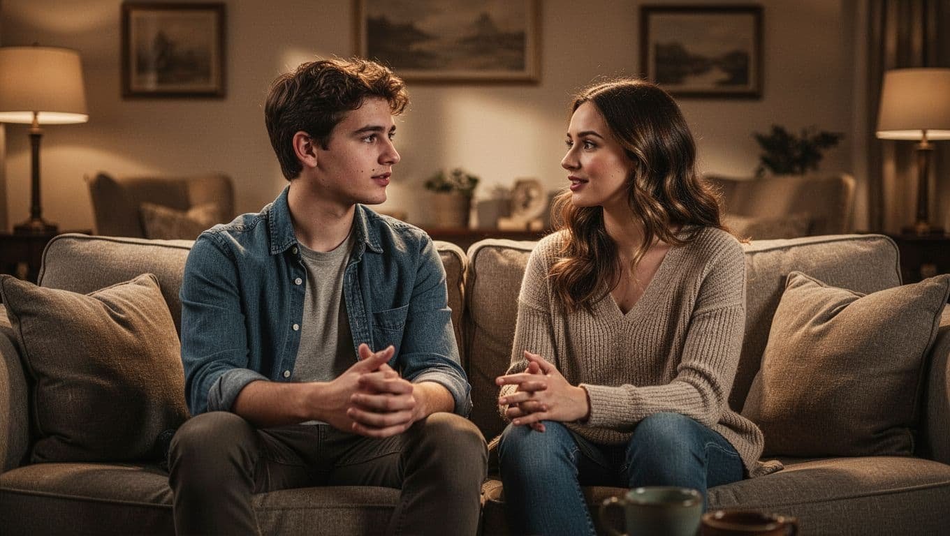 A couple calmly talking together on a couch in a warmly lit living room.