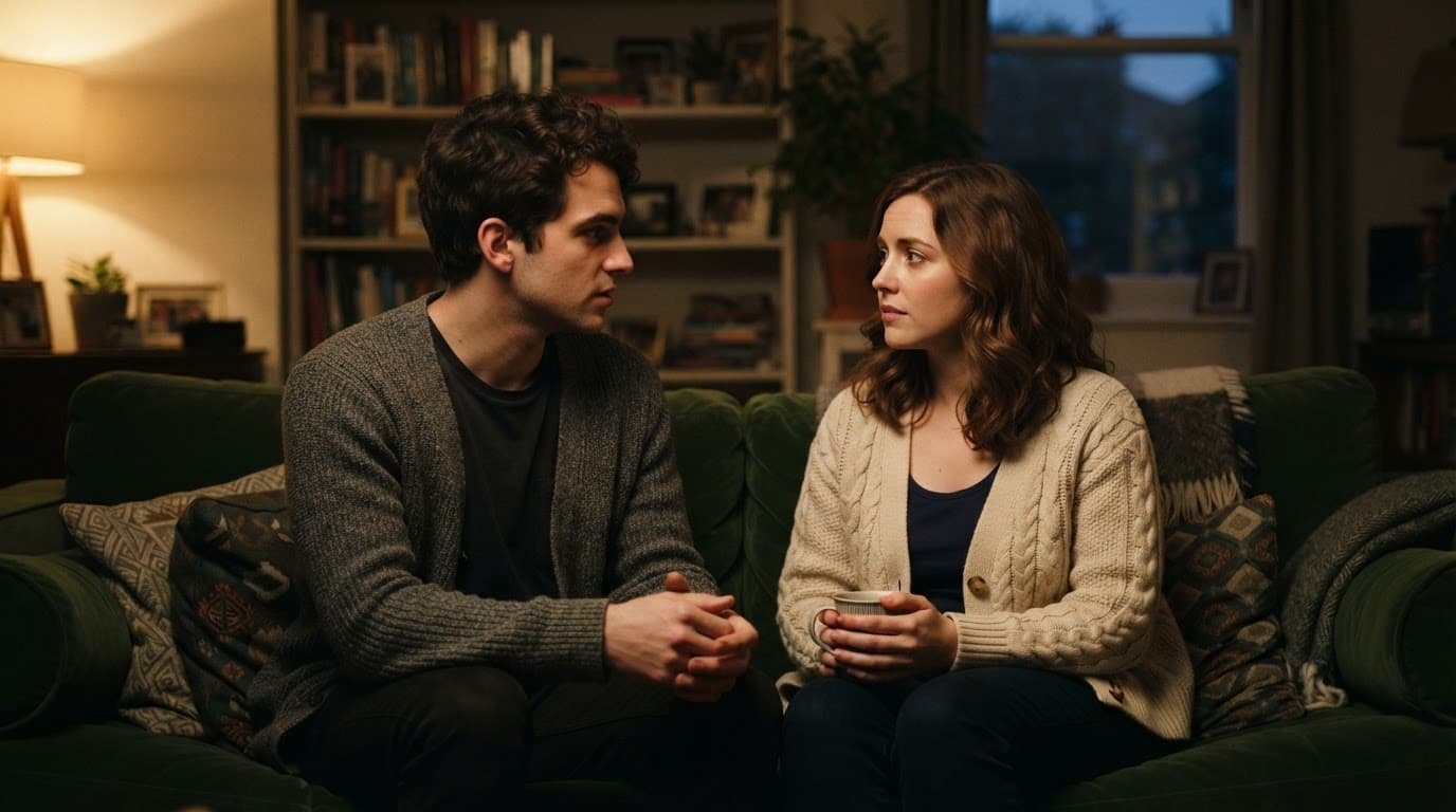 A young couple talks quietly together on a couch in a warmly lit living room.