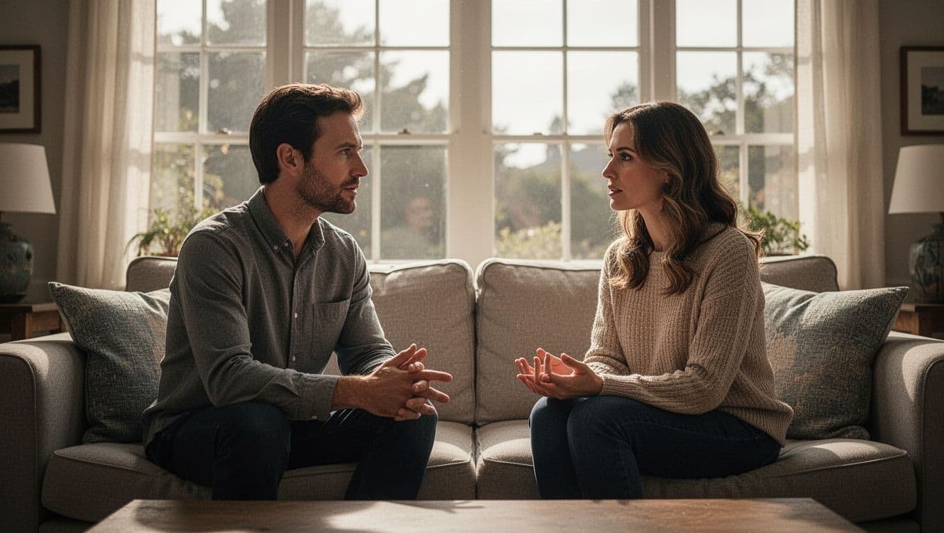 A couple calmly talking while seated across from each other on a sofa.