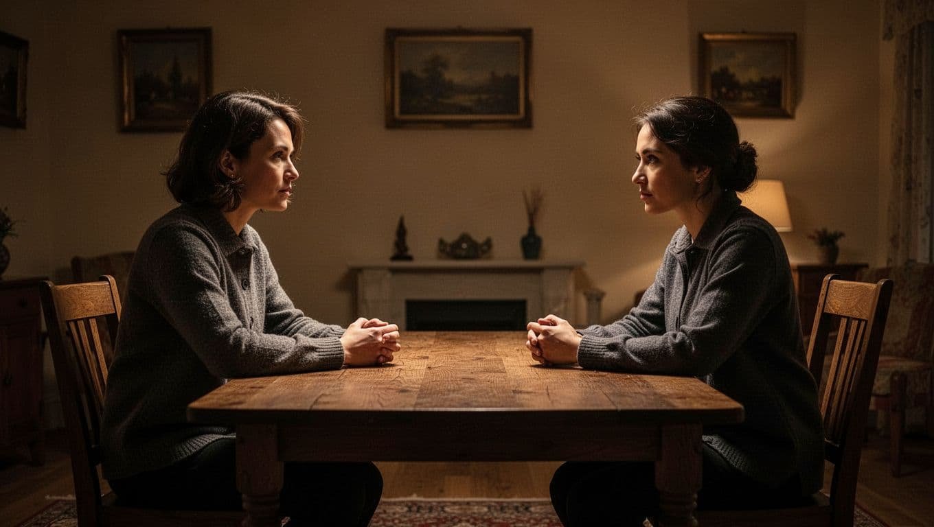 A couple calmly talks across a wooden table in a warmly lit room.
