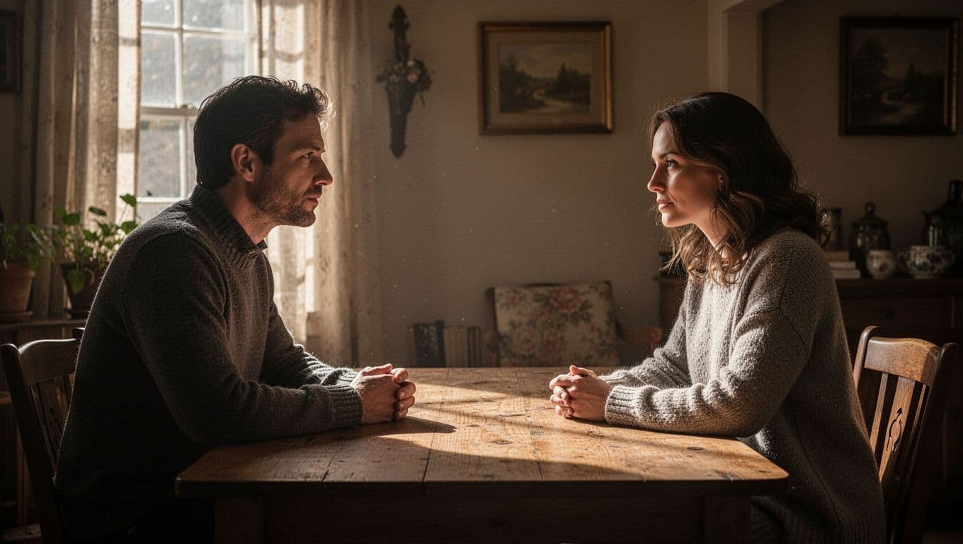A man and woman calmly talking across a wooden table in a cozy room.