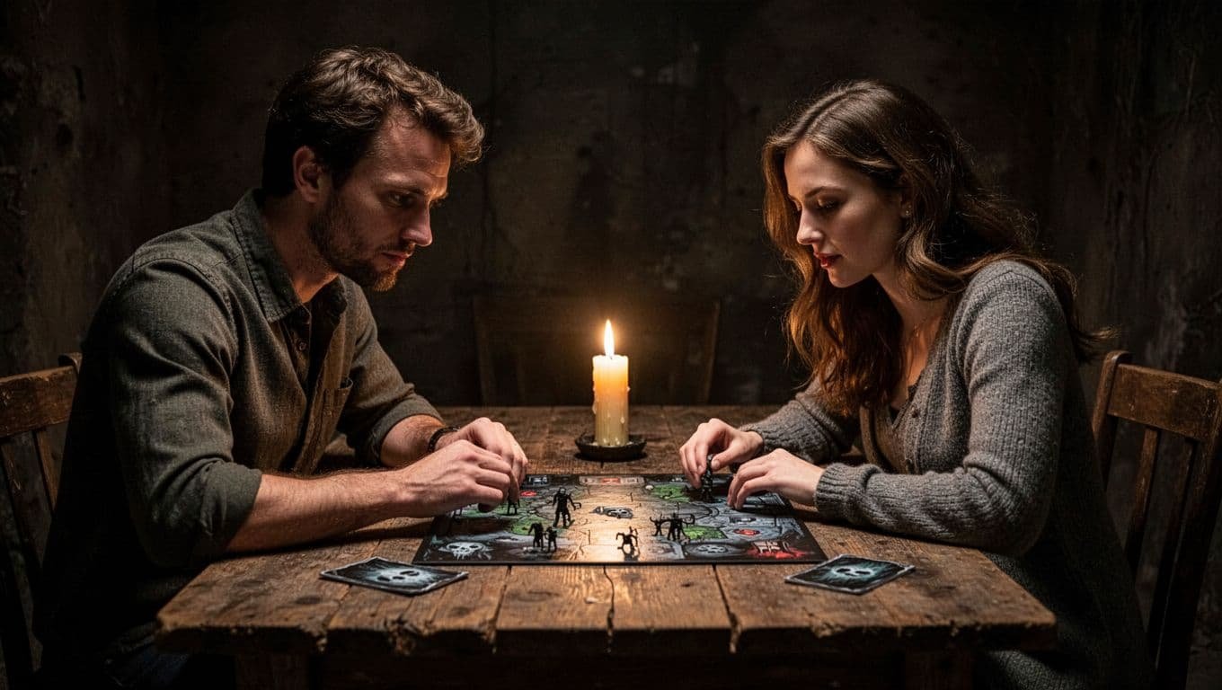 A couple plays a spooky board game at a candlelit wooden table.