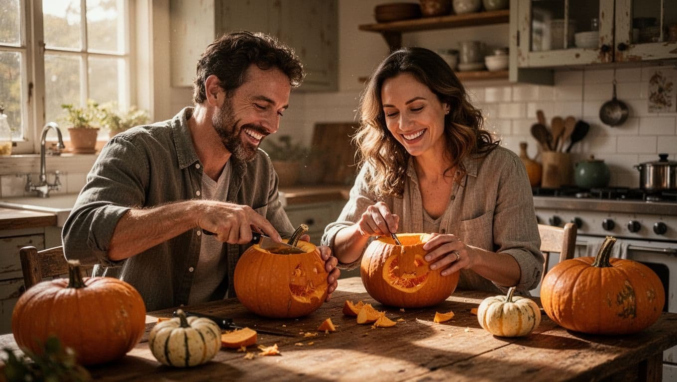 A couple smiles while carving small pumpkins at a wooden kitchen table.