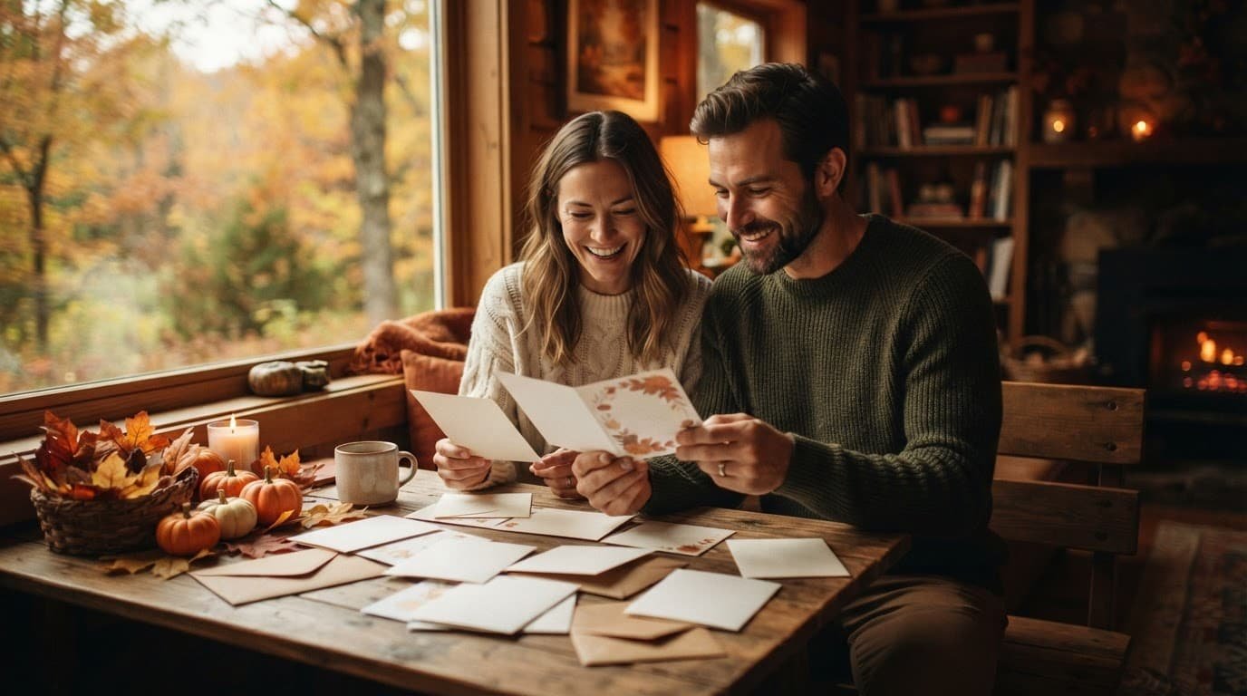 A couple compares greeting cards at a wooden table in warm autumn light.