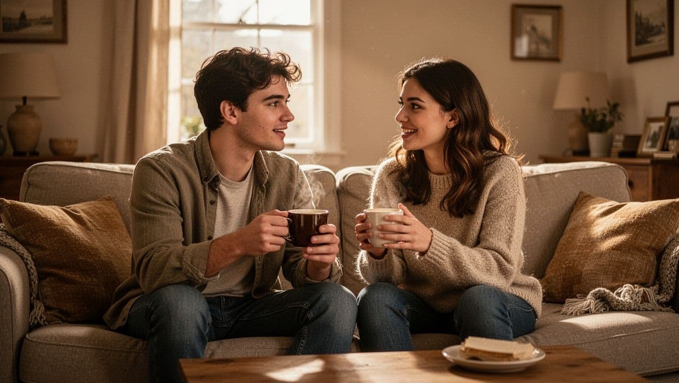 A couple talks over coffee in a softly lit living room.