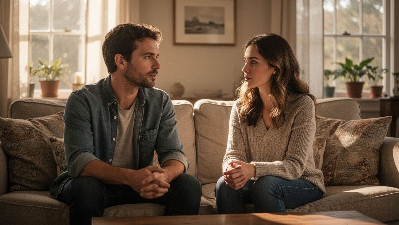 A couple sits together on a sofa having a calm conversation in a sunny living room.