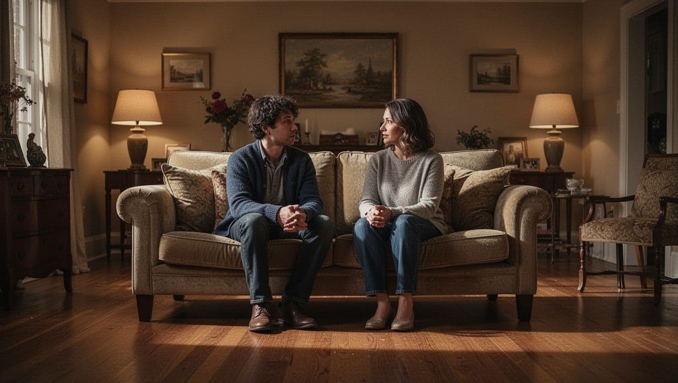 A couple calmly talking together on a sofa in a warmly lit living room.