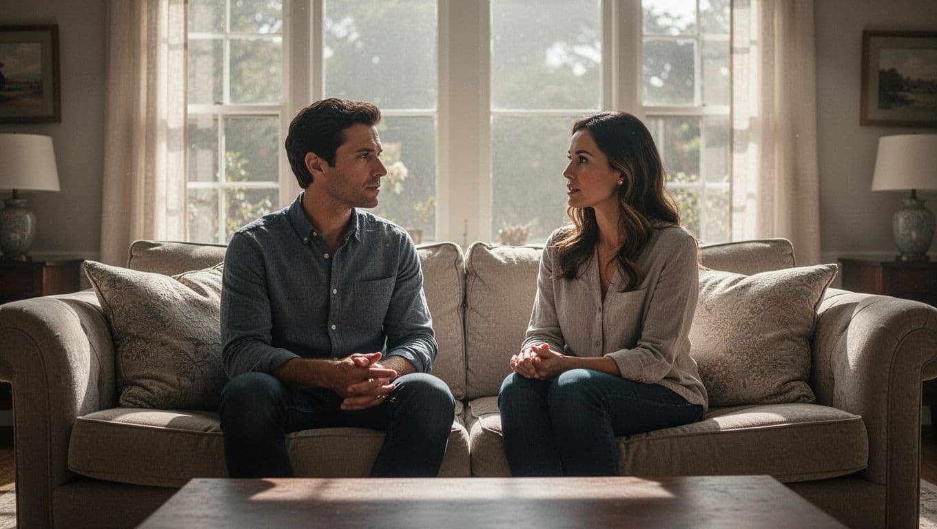 A married couple calmly talking together on a sofa in a bright living room.