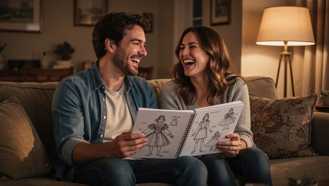 A couple laughs together on a couch while looking at a costume idea notebook.