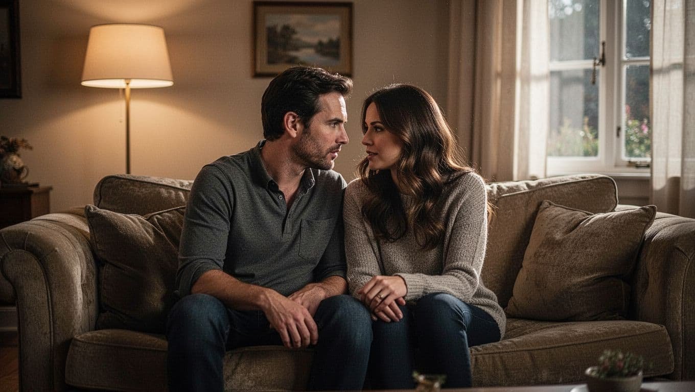 A couple sits close together on a sofa, having a serious conversation in warm light.