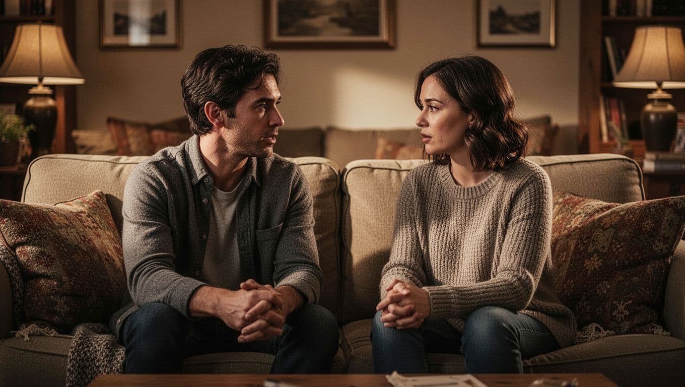 A couple talks closely on a couch in a warmly lit living room.