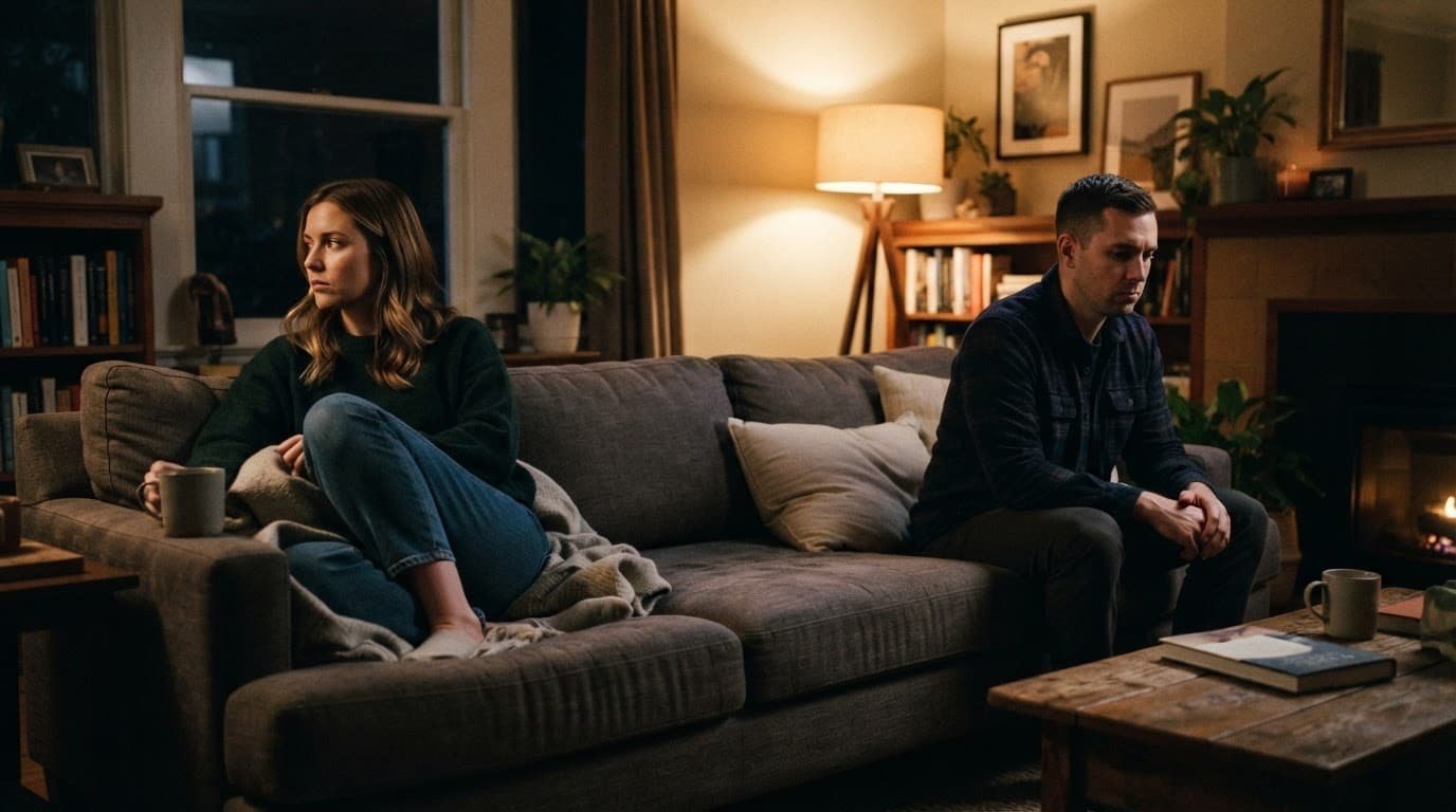 A couple sits apart on a couch, looking in opposite directions.