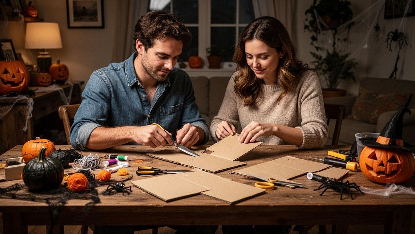 A couple makes Halloween costumes with cardboard, scissors, and craft supplies at a wooden table.