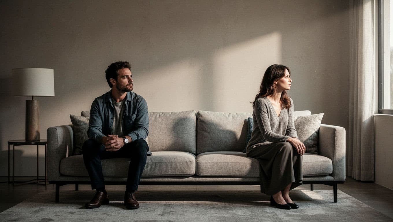 A man and woman sit apart on a couch, facing away from each other.