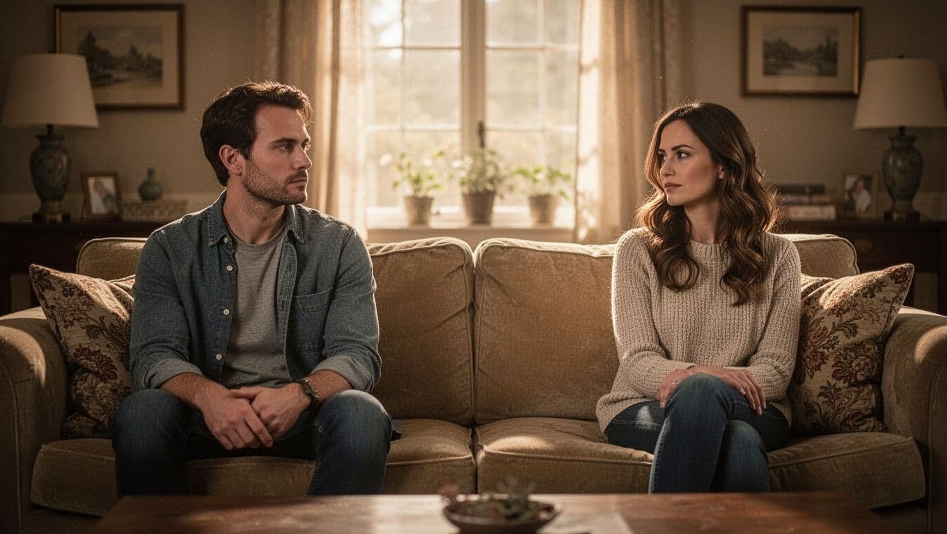A man and woman sit far apart on a couch in a warmly lit room.