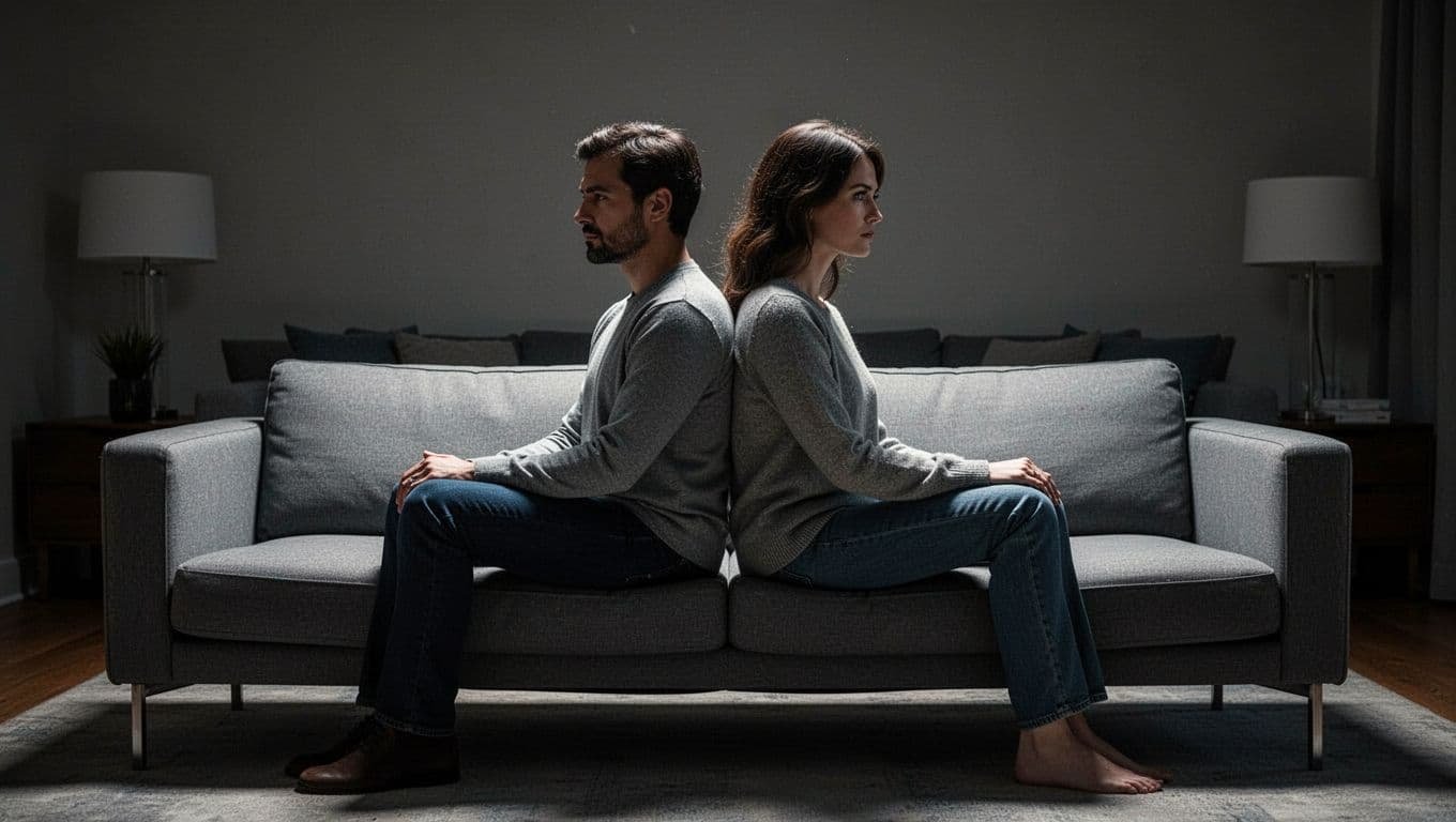 A couple sits back to back on a couch in a dark living room.