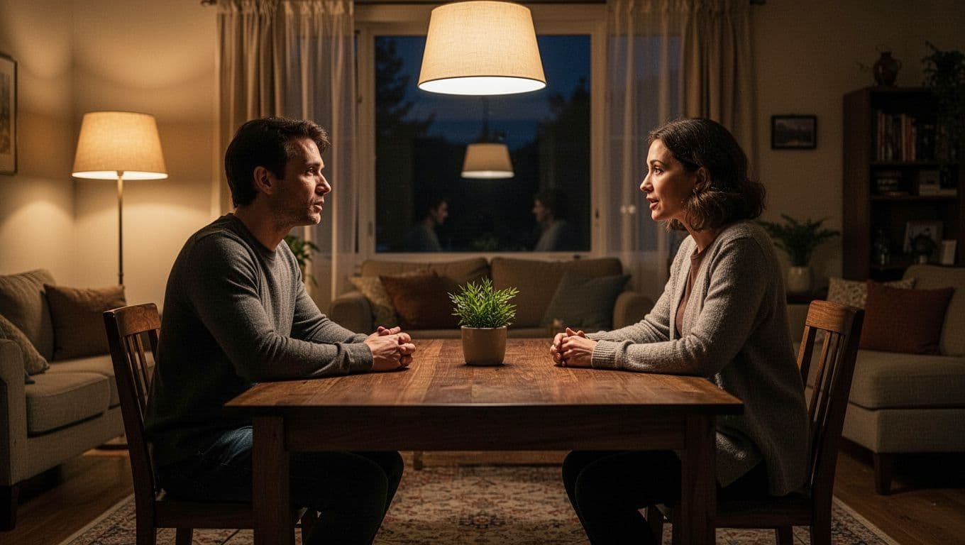 A couple calmly talking across a wooden table in a warmly lit living room.